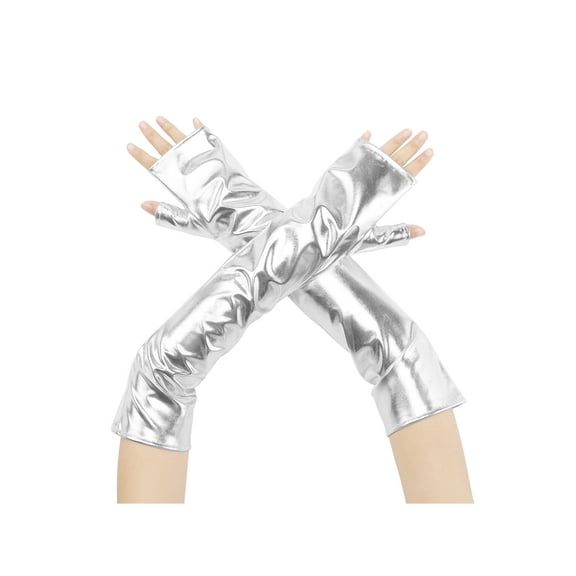 INSPIRE CHIC Women's Faux Leather Long Sleeve Fingerless Gloves Arm Warmers for Cosplay Fashion One Size Silver