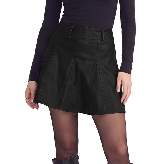 INSPIRE CHIC Women's Faux Leather Mini Skirt Flared A Line High Waist Pleated Zipper Lining Workwear Office PU Novelty Skirts Small Black