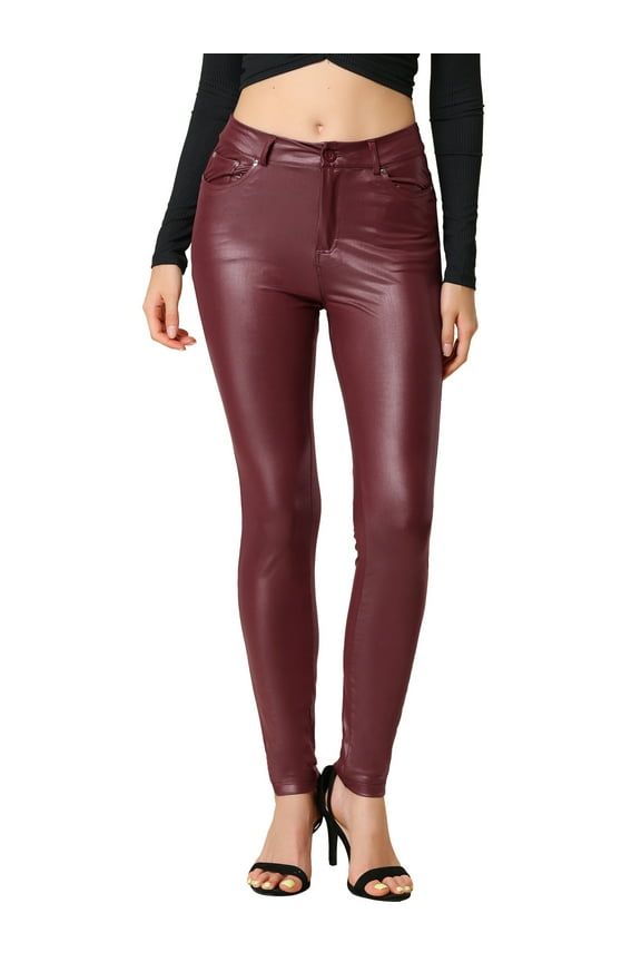 Women's Faux Leather Skinny High Waisted Pants XS Burgundy