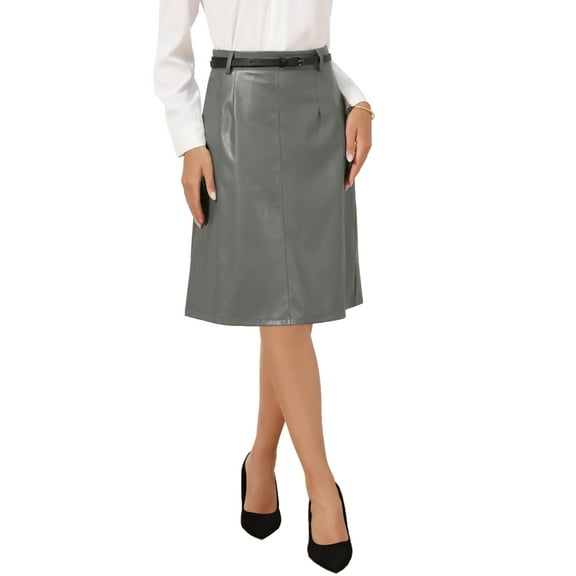 INSPIRE CHIC Women's Faux Leather Skirt A-Line High Waist Vintage Pencil Midi Skirt L Dark Grey