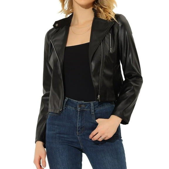 INSPIRE CHIC Women's Faux Leather Stand Collar Belted Cropped Biker Jacket L Black