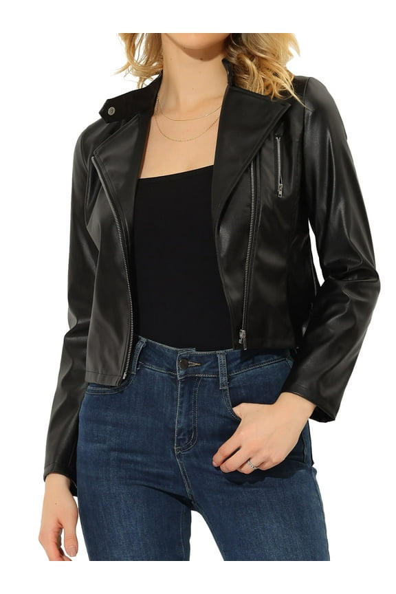 Women's Faux Leather Stand Collar Belted Cropped Biker Jacket XS Black