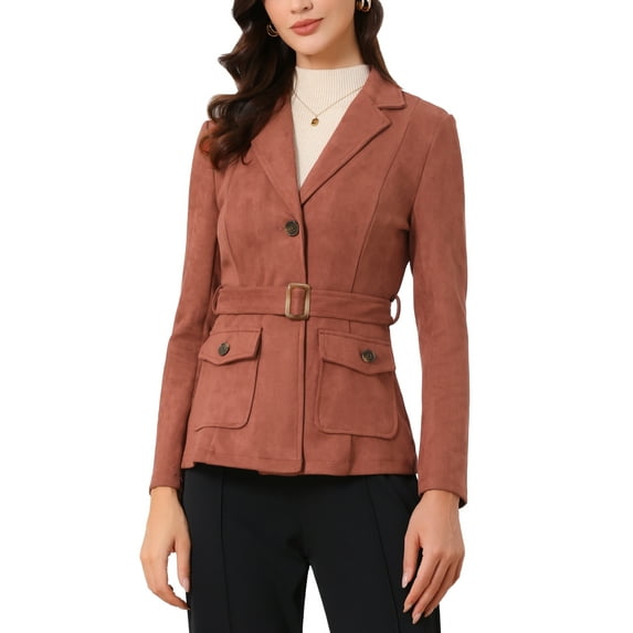 INSPIRE CHIC Women's Faux Suede Belted Long Sleeve Single Breasted Work Blazer XL Caramel