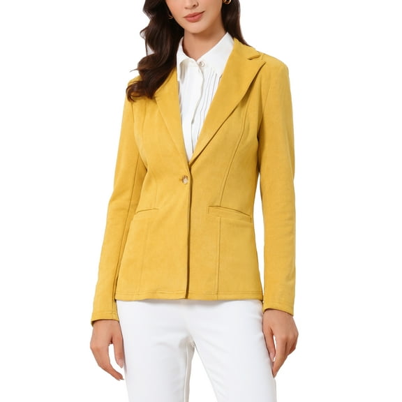 INSPIRE CHIC Women's Faux Suede Blazer Lapel Collar Long Sleeves Wear-to-Work Jacket L Yellow