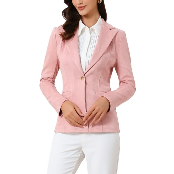 INSPIRE CHIC Women's Faux Suede Blazer Lapel Collar Long Sleeves Wear-to-Work Jacket XS Pink