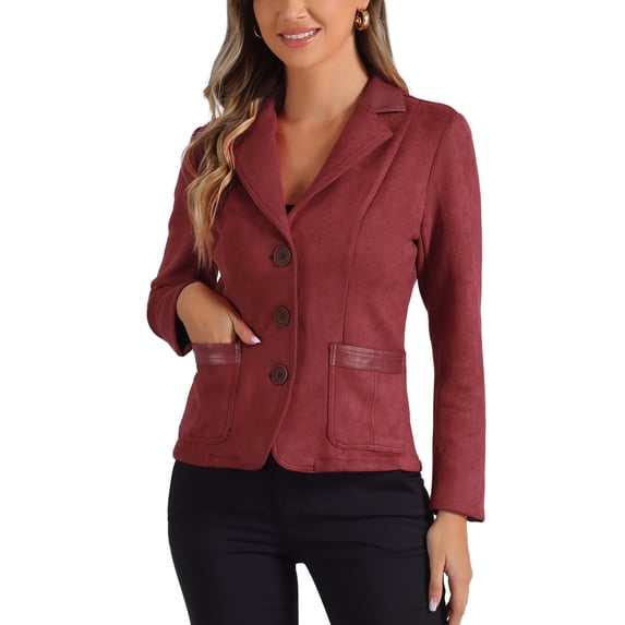 INSPIRE CHIC Women's Faux Suede Blazer Long Sleeve Lapel Collar Button Jacket M Reddish Brown