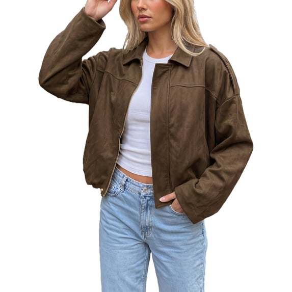 INSPIRE CHIC Women's Faux Suede Bomber Jacket Casual Cropped Zip Up Lapel Batwing Sleeve Coat Outerwear Medium Brown