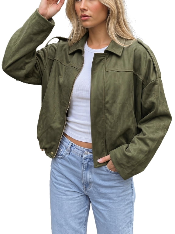Women's Faux Suede Bomber Jacket Casual Cropped Zip Up Lapel Batwing Sleeve Coat Outerwear Small Green