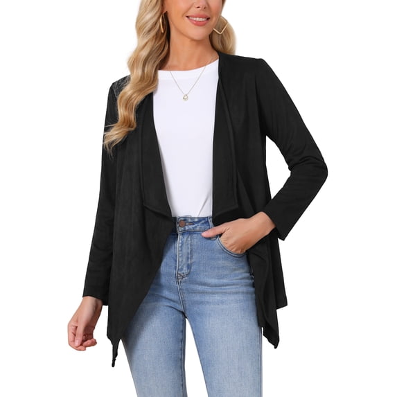 INSPIRE CHIC Women's Faux Suede Cardigan Lapel Draped Open Front Long Sleeve Lightweight Fall Jacket Casual Work Outwear S Black