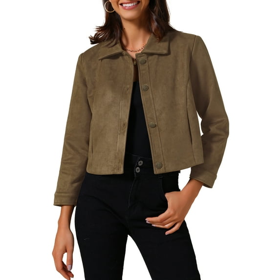 INSPIRE CHIC Women's Coat Faux Suede Collared Vintage Long Sleeve Button Down Crop Jacket S Brown