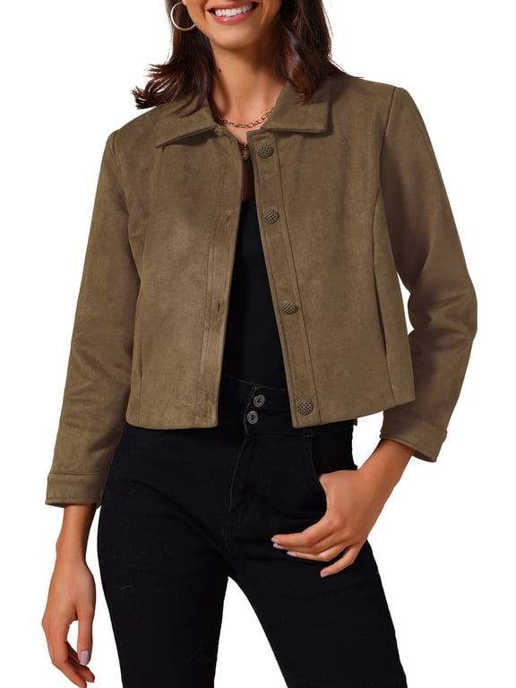 Women's Coat Faux Suede Collared Vintage Long Sleeve Button Down Crop Jacket S Brown