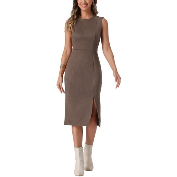INSPIRE CHIC Women's Faux Suede Dress Sleeveless Crewneck Split Hem Sheath Work Dress XS Coffee
