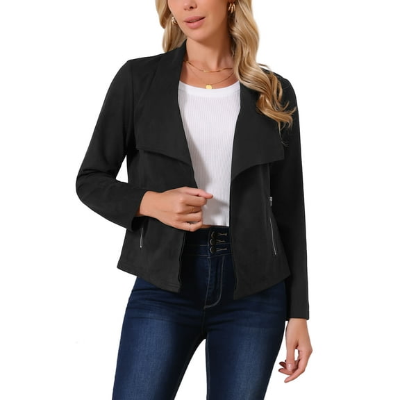 Women's Faux Suede Jackets 2025 Fall Winter Clothes Long Sleeve Open Front Cropped Coat Outwear L Black