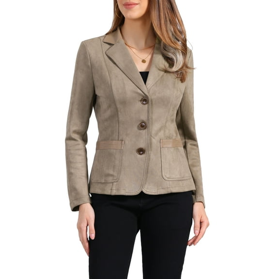 INSPIRE CHIC Women's Faux Suede Blazer Long Sleeve Lapel Collar Button Jacket XS Desert Tan