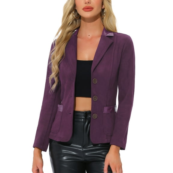 INSPIRE CHIC Women's Faux Suede Blazer Long Sleeve Lapel Collar Button Jacket XS Purple