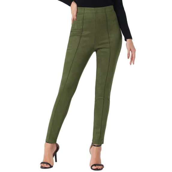 FAB CURVES Women's Faux Suede Leggings High Waisted Stretch Slim Pants L Light Army Green
