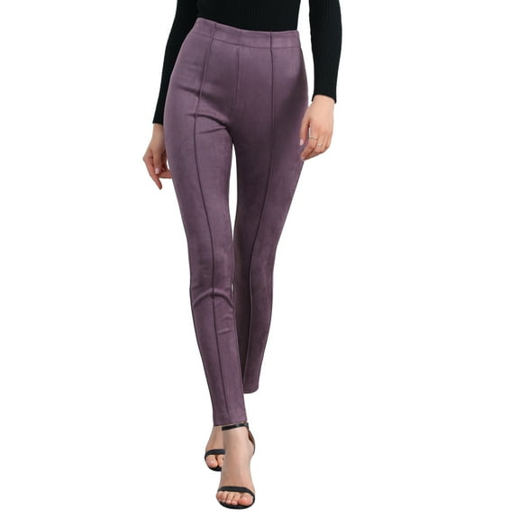 FAB CURVES Women's Faux Suede Leggings High Waisted Stretch Slim Pants L Violet