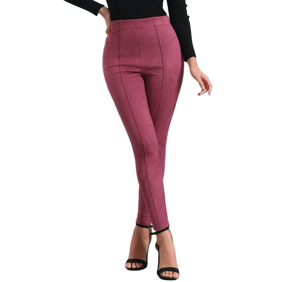 FAB CURVES Women's Faux Suede Leggings High Waisted Stretch Slim Pants S Dark Red