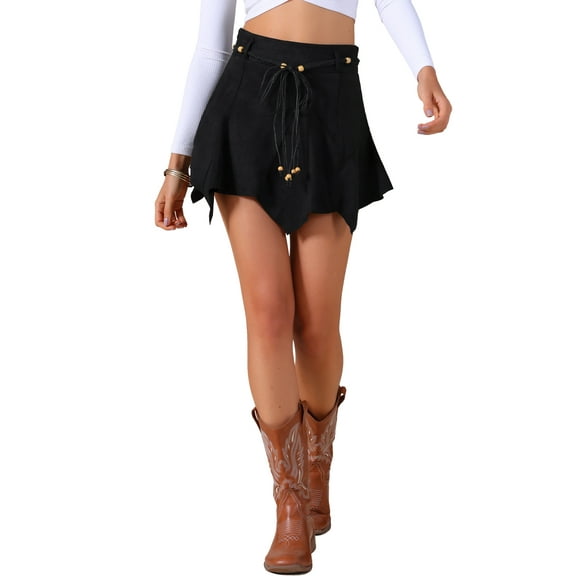 INSPIRE CHIC Women's Faux Suede Skirt Irregular Hem High Waist A-Line Asymmetrical Mini Skirts S Black