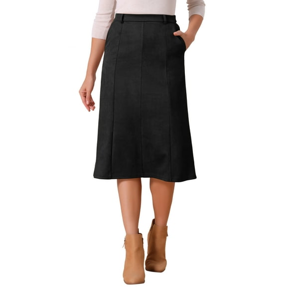 INSPIRE CHIC Women's Faux Suede Skirts Elastic High Waist Fall Winter A-Line Midi Skirt with Pockets L Black