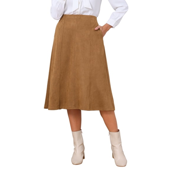 INSPIRE CHIC Women's Faux Suede Skirts Elastic High Waist Fall Winter A-Line Work Midi Skirt with Pockets L Brown