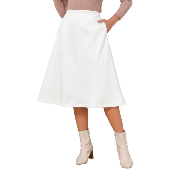 INSPIRE CHIC Women's Faux Suede Skirts Elastic High Waist Fall Winter A-Line Work Midi Skirt with Pockets S White