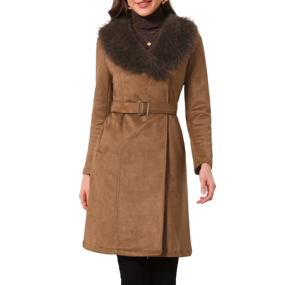 INSPIRE CHIC Women's Faux Suede Trench Coat Single Breasted Winter Warm Overcoat Belted Lapel Jacket with Fur Collar XS Brown