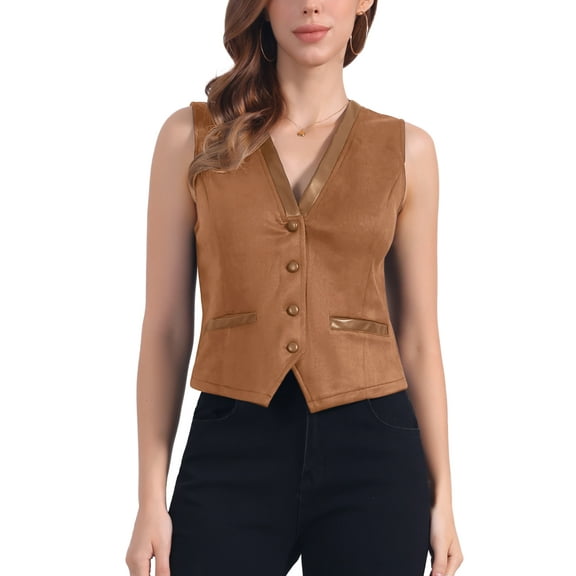 INSPIRE CHIC Women's Vest Faux Suede V Neck Button Vintage Casual Sleeveless Jacket S Dark Camel