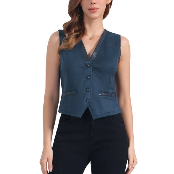 INSPIRE CHIC Women's Vest Faux Suede V Neck Button Vintage Casual Sleeveless Jacket XL Dark Blue