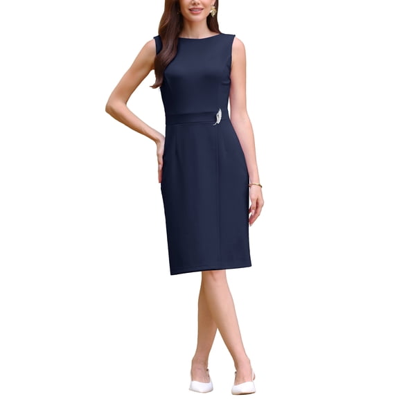 Women's Faux Wrap Pencil Dress Sleeveless Boat Neck Work Office Knee Length Dresses S Navy Blue