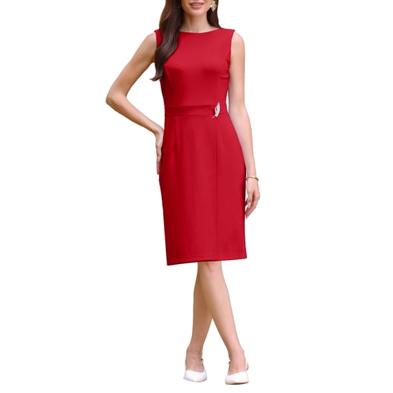 INSPIRE CHIC Women's Faux Wrap Pencil Dress Sleeveless Boat Neck Work Office Knee Length Dresses S Red