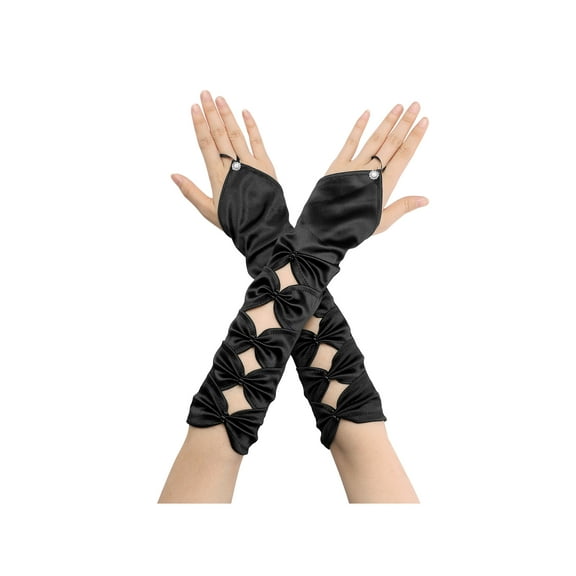 INSPIRE CHIC Women's Fingerless Gloves Satin Arm Warmers Hollow Out Bow Beads with Finger Loop Black One Size