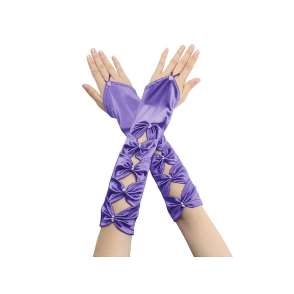 INSPIRE CHIC Women's Fingerless Gloves Satin Arm Warmers Hollow Out Bow Beads with Finger Loop Purple One Size