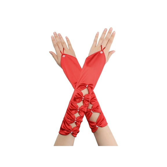 INSPIRE CHIC Women's Fingerless Gloves Satin Arm Warmers Hollow Out Bow Beads with Finger Loop Red One Size