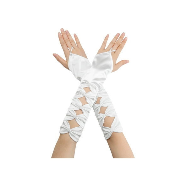 INSPIRE CHIC Women's Fingerless Gloves Satin Arm Warmers Hollow Out Bow Beads with Finger Loop White One Size