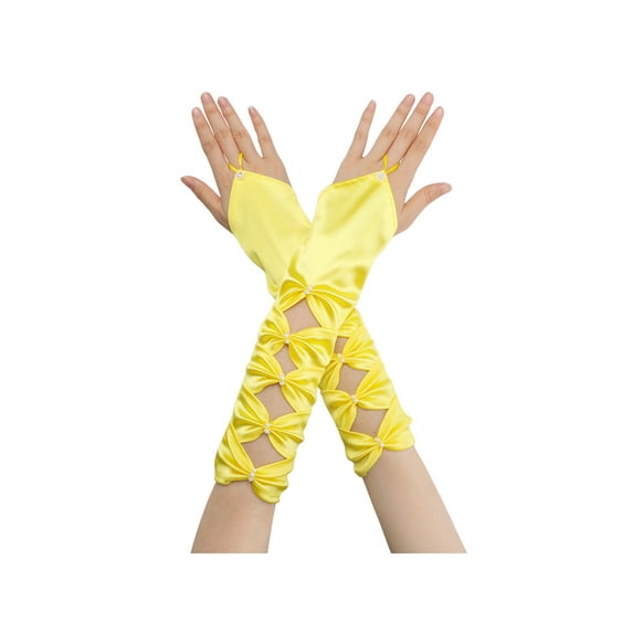 INSPIRE CHIC Women's Fingerless Gloves Satin Arm Warmers Hollow Out Bow Beads with Finger Loop Yellow One Size
