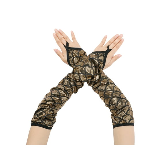 INSPIRE CHIC Women's Fingerless Gloves Scale Printed Elbow Long Arm Warmers Cosplay with Finger Loop One Size Gold