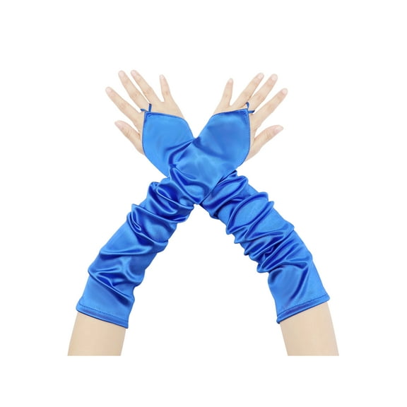 INSPIRE CHIC Women's Fingerless Sleeves Elbow Long 1920s Satin Gloves with Finger Loop One Size Blue