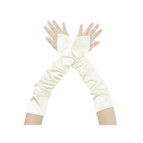 INSPIRE CHIC Women's Fingerless Sleeves Elbow Long 1920s Satin Gloves with Finger Loop One Size Cream White