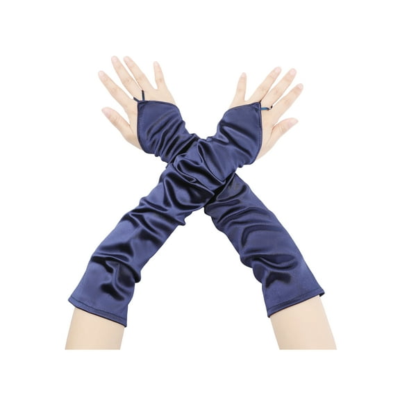 INSPIRE CHIC Women's Fingerless Sleeves Elbow Long 1920s Satin Gloves with Finger Loop One Size Navy Blue