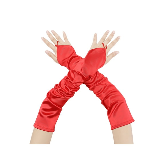 INSPIRE CHIC Women's Fingerless Sleeves Elbow Long 1920s Satin Gloves with Finger Loop One Size Red
