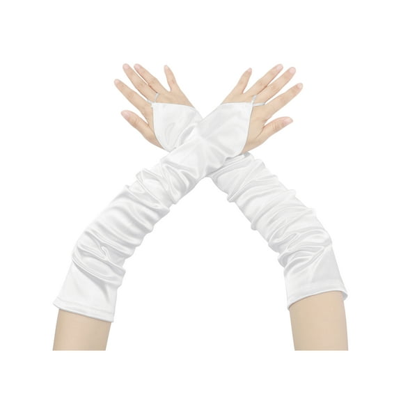 INSPIRE CHIC Women's Fingerless Sleeves Elbow Long 1920s Satin Gloves with Finger Loop One Size White