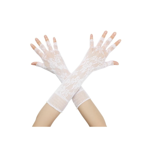 INSPIRE CHIC Women's Fishnet Glove Elastic Elbow Length Half Finger Mesh Gloves One Size White