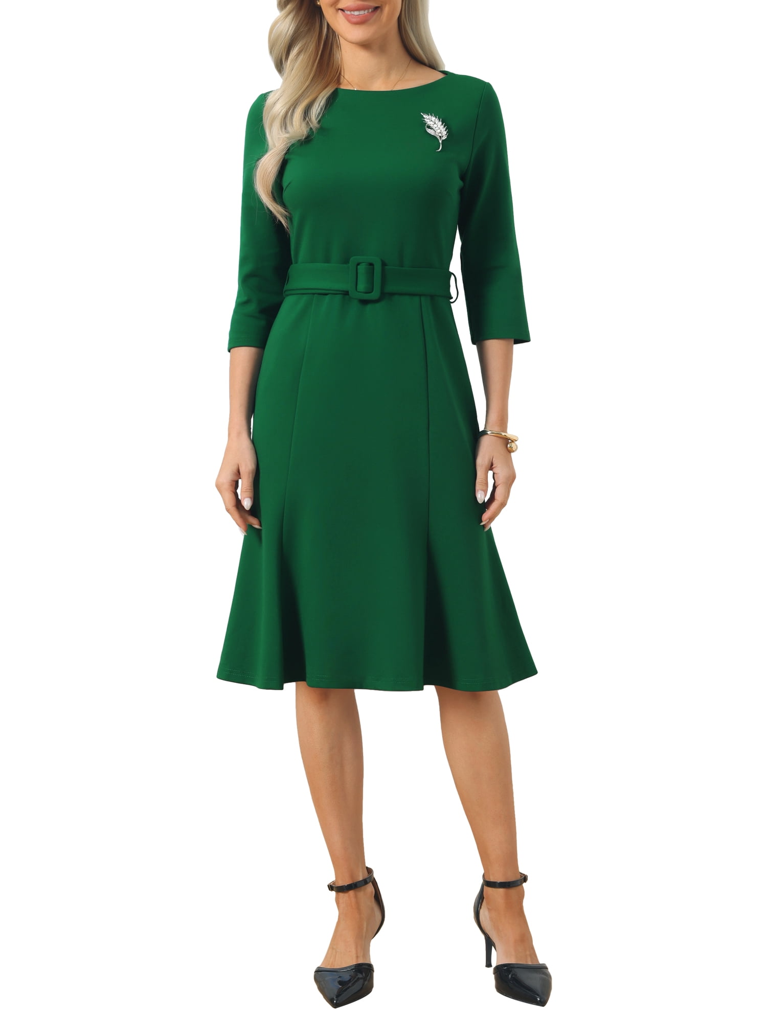 green fish dress Inspire Chic Women's Fishtails with Brooch 3/4 Sleeve Boat Neck Funeral Dress with Belted 2XL Pine Needle Green, Black Cotton maxi dress