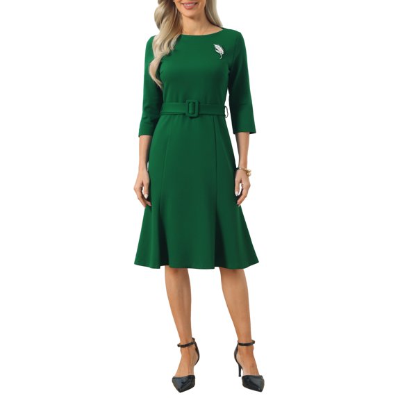 INSPIRE CHIC Women's Fishtails Dress with Brooch 3/4 Sleeve Boat Neck Funeral Dress with Belted M Pine Needle Green