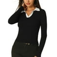 thumbnail image 1 of INSPIRE CHIC Women's Fitted Knit V Neck Contrast Color Long Sleeve Polo Sweater Tops 2XL Black, 1 of 6