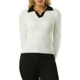 thumbnail image 1 of INSPIRE CHIC Women's Fitted Knit V Neck Contrast Color Long Sleeve Polo Sweater Tops L White, 1 of 5