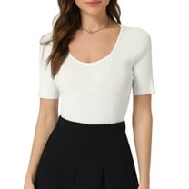 INSPIRE CHIC Women's Fitted Ribbed Square Neck Short Sleeve Knit Top L White