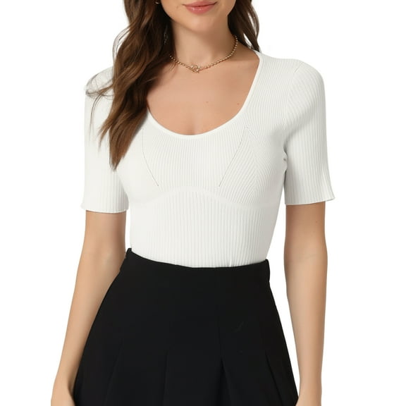 INSPIRE CHIC Women's Fitted Ribbed Square Neck Short Sleeve Knit Top L White