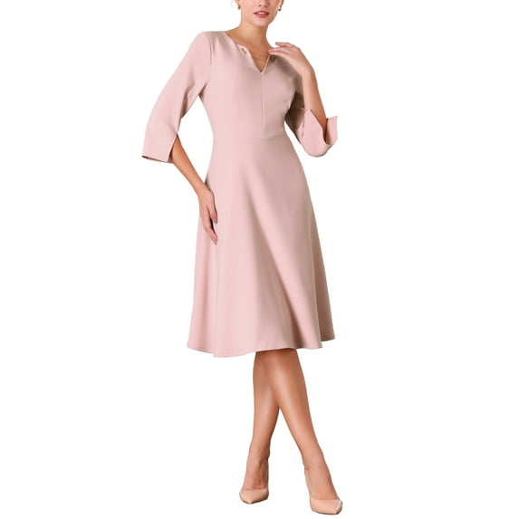 INSPIRE CHIC Women's Flare Dress V Neck 3/4 Sleeve Elegant A Line Work Dresses L Pink